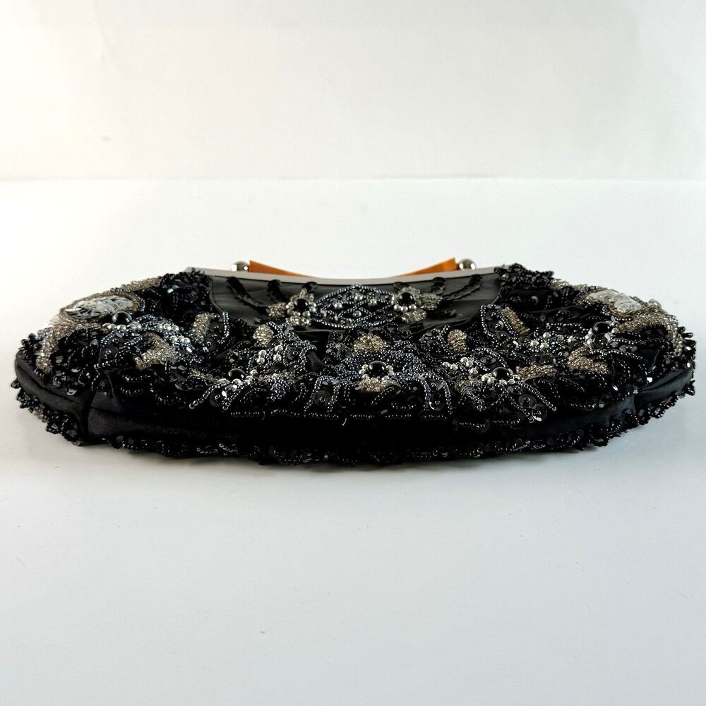 LEXI Int'l Black Satin Sequin Beaded Tortoise Handled Evening Clutch Purse Retro - Picture 12 of 13